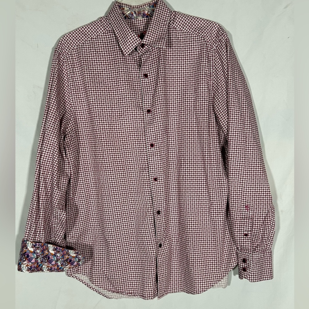 ROBERT GRAHAM EMBROIDERED FLIP CUFF MAROON HOUNDSTOOTH DRESS SHIRT MENS LARGE